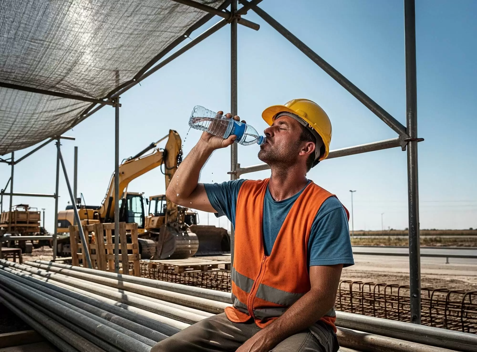 Operário benendo água em ambiente de muito calor